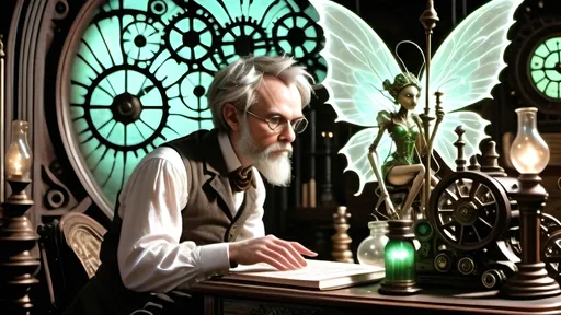 Prompt: A steampunk scene set in the 19th century featuring a philosopher at a desk surrounded by intricate gears, cogs, and pistons. The philosopher, resembling Epictetus, is deeply focused on a computer screen displaying an ethereal fairy composed of glowing, translucent digital patterns. The fairy, named Absinthea, has delicate, semi-transparent wings and is illuminated by soft, pastel colors such as baby blues, antique bronze, and copper gradients. The scene is bathed in a soft, ethereal light, with lens flares and glowing edges around the fairy, creating a dreamlike atmosphere. The philosopher’s study is lit by gaslight, with brass and leather accents, and the light casts soft shadows, emphasizing the contrast between the mechanical world of the philosopher and the otherworldly presence of the fairy. The entire scene blends the tangible steampunk elements with the digital, ethereal form of the fairy, creating a harmonious yet contrasting visual composition.