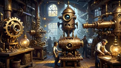 Prompt: A dimly lit workshop filled with dancing shadows cast by flickering lights. The workshop is a hive of activity with minions being crafted from brass and other metals. Spectral logs and bronze cogs are scattered around, and intricate machinery is in the background, creating a sense of trance and enchantment. The overall atmosphere is eerie and mechanical.