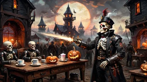 Prompt: A dynamic steampunk-themed battle camp scene at dawn. In the foreground, an Italian ghoul prince stands in mid-action, adorned in black armor with red highlights. His eyes glow vividly red, radiating power as he wields a rapier and a blunderbuss, ready for battle. Opposite him is a menacing automaton guard with stark black armor and glowing red goggles, accented with white highlights. The background features a velvety black night sky, merging with the reddish dawn light that casts an eerie glow over the camp. Brass chimneys and rotating gears surround tents, with steam rising to add a dreamlike atmosphere. In the vicinity, a military coffee barista operates a steam-powered coffee machine, adding layers of activity and steampunk detail. Skeleton soldiers with mechanical enhancements are scattered around, with carved pumpkins emitting a warm, orange glow. The overall scene uses chiaroscuro lighting to dramatize the steam and industrial elements, creating a visually striking and immersive tableau.