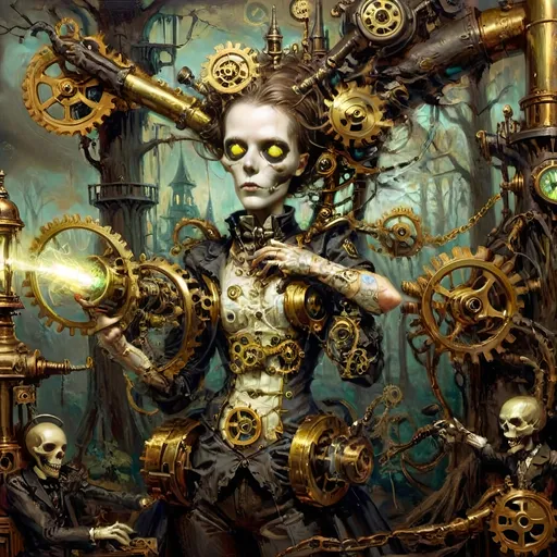 Prompt: Anthropomorphic
Sentient technological
Steampunkesque, ghoulish
In eldritch machine
Gears entwined with bone do creak
Specter of brass reigns
Blunderbuss of dread
Phosphorescent gleam ignites
Sinister light glows
Gothic spires crumble
Smoggy tendrils coil in gloom
Clockwork mists enshroud
Ethereal brass forests
Steam hums through shadows
Lanterns cast divine
Machinery’s holy light
Hope mingles with dread
Victorian cogs
Clash with demonic gears
Salvation’s struggle
Wings of copper gleam
Reach towards celestial brass
Figures in conflict
Steam-driven phantoms
Eyes aglow in iron mist
Haunt faded visions
Metal trees twist, writhe
Surreal grotesques dance, contort
Symbols darkly gleam
Mesmeric tableau
Serenity meets the void
Steampunk’s haunted grace
Warm brass kisses cold
Ominous steel’s embrace tight
Worlds in balance hang
Salvation, perdition
Machined, organic entwine
Sinisterly Gleam
Celestial gears turn
In limbo’s ethereal haze
Forests breathe in steam