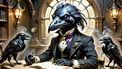 Prompt: In a symphony of creativity, Edgar Allen Croe, the anthropomorphic crow poet, finds inspiration in the mysterious tale of "Extraterrestrial light, Anthropoid remains linger." Alongside a troupe of five Shakespearian skeletal saber-toothed cats, they embrace the macabre elegance and steampunkesque grace, fueled by the cherished taste of coffee. Together, they craft a narrative where imagination meets ancient secrets, and in the morning's embrace, stories pulse and glow with a blend of darkness and serenity. This is where fiction and reality intertwine, where the unearthly and the imaginative converge in a dance of light and shadows, guided by Edgar's quill and the fervor of their shared pursuit of storytelling.