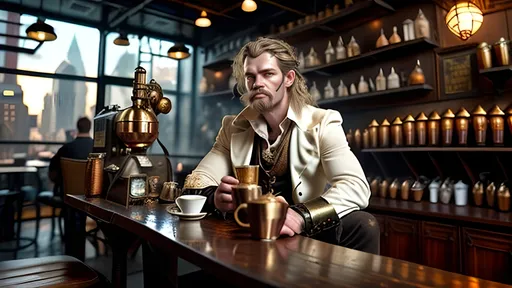 Prompt: A disheveled thunder god with glowing golden eyes, wearing a rumpled white and gold outfit, sitting in a steampunk coffee shop. He holds a steampunk-style coffee cup, with messy hair, and the scene is bathed in golden hour lighting. The background features a New York twilight skyline visible through large windows, with copper pipes, vintage machinery, and Edison bulbs as part of the steampunk decor. A mystical, tired-looking hammer rests beside him. There are a few patrons in subtle steampunk attire, completing the warm, relaxed atmosphere.