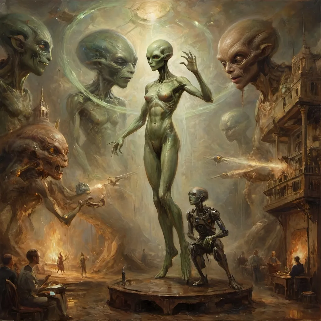 Prompt: Here is the text prompt used for the image generation:

"Sophisticated scene with an anthropomorphic alien figure, ethereal and unnervingly graceful, gliding through, extra-jointed limbs, deliberate and artful interactions, poised, effortless authority, showcasing a world where art, magic, and machinery converge with savoir-faire."