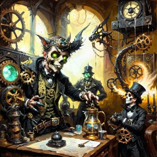 Prompt: ### Haiku Series: Steampunk Gothic Elegy
**I. Gloomy Sanctum's Veil**  
In hoary sanctum,  
Crumbling relics of dread,  
Shadows writhe and coil.  
**II. Flickers of Dismay**  
Eerie glimmers wane,  
Brass mechanisms bespeak  
Of rust's cruel decay.  
**III. Feline Warriors' Grit**  
Worn, sinewy forms,  
Anthropomorphic knights stride,  
Gear-clad audacity.  
**IV. Weapons Poised to Strike**  
In tattered espers,  
Blunderbusses starkly gleam,  
Eyes aglow with might.  
**V. The Pseudo-Drake Calls**  
Scales tarnished yet grand,  
Mechanical wyrm exhales  
Ominous green light.  
**VI. Menace in the Depths**  
Skeletal beast looms,  
Gears grating in sable night,  
Malevolence waits.  
**VII. Tension in the Air**  
Ominous foreboding,  
Gothic horror intertwines,  
Impending conflict.  
### Closing Reflection  
Eloquent shadows dance,  
In this steampunk reverie,  
Darkness meets the flame.  