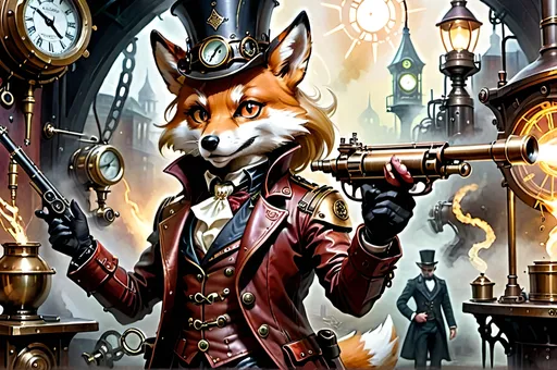 Prompt: Brash sharpshooter’s poise,
   Rifle's Steampunkesque styling
   Polished red leather and bronze.
Protagonists bold
   Victorian valor's pride
   Mechanized marvels.
Boundaries blurred thin
    Friend or foe in torchlight’s dance
    Gleaming fangs revealed.
Curious Finnegan,
    Spectacles magnify eyes
    Mechanisms’ spark.
Cedric’s calm resolve,
    Elixirs and healing salves
    Shadows whisper doom.
Epic venture dawns
    Steampunesque luciferin
    magic alit stark
Allies or rivals
    Vulpine's saga etched in time
    Valor’s intricate dance.
