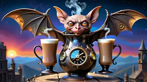 Prompt: Within arcane realms,  
Anthropomorphic bat-bodied figures glide,  
Unfurled wings sweeping through twilight skies.  
In the heart of the commune, amidst steampunk wonders,  
Three bat boys embark on a daring adventure.
Clutching an ornate carafe of coffee,  
And  two mugs
Its vivid world encapsulated within,  
A steampunk elder reflects,  
Embracing the ethereal with knowing eyes.  
Trompe L'oeil’s whispered spell,  
Warlock's alchemy, and ancient intrigues guide them. Prehensile devil fleshy arrowhead shaped tail tips
Luciferin hues dance in the air,  
Psychedelic flames casting an otherworldly glow,  
Smoke weaving mystical tales of yore.  
The boys, undeterred, stop and have full steampunk coffee service, milk art coffee break,  move forward,  
Their high-top sneakers, a blend of leather and copper,  
Pounding the rugged terrain with determined strides.
Amidst the expansive panorama,  
Nature's flame essence glows,  
Revealing the fantasy world unfolding.  
Each step brings new perils,  
Each flutter of their wings a brush with fate.
High above, the stars bear silent witness,  
To their bravery and camaraderie,  
In the face of overwhelming odds.  
Bound by duty and a brotherhood unspoken,  
They carve their path through the heart of the commune,  
Their journey just beginning in this steampunked twilight.
With enhanced fingers tracing ancient maps,  
Expressive eyes searching for the next clue,  
They press forward into the unknown,  
Their bond a beacon in a world fraught with danger.  
Through the shimmering veil of smoke and flame,  
The adventure of three bat boys,  
Against all odds,  
Continues into the night.