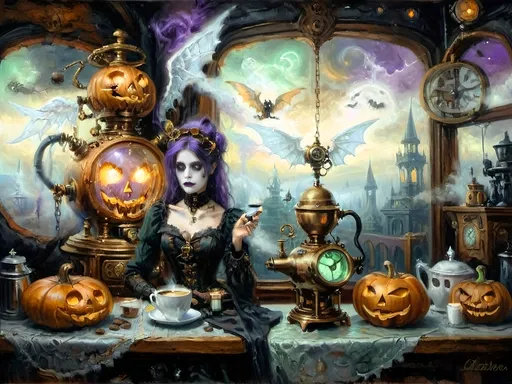 Prompt: ethereal steampunkesque coffee bistro in the clouds with angels and celestials, dreamlike atmosphere with mechanical steampunk elements, antique bronze, copper gradients, silver and gold accents. The space is heavenly and dreamlike, filled with Halloween elements like jack-o’-lanterns, phantoms, eerie Victorian attire, and a gothic twist. There are shadowy ruins and misty landscapes under stark chiaroscuro lighting, with eerie mists glowing in shades of brown, purple, and green. Celestial beings in fun macabre Victorian attire with ornate brass coffee makers and carafes add to the scene's whimsical yet haunting atmosphere.