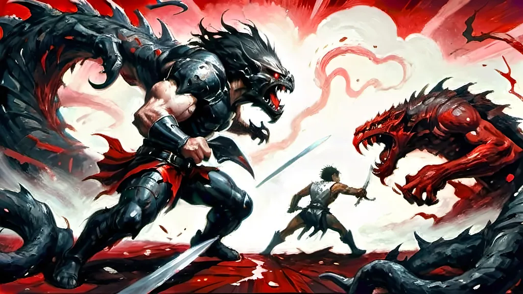 Prompt: A dynamic graphic novel-style scene of a hero battling a colossal monster, using a red, black, and white color palette. The hero is leaping through the air, about to strike the monster. The hero is rendered in stark black with red highlights on their sword and eyes, with white highlights for muscle definition and motion. The colossal monster is menacing, depicted in black with glowing red eyes and wounds, set against a white background. Motion lines in white emphasize the hero's movement, with bold lines and dramatic shadows enhancing the intensity of the battle. High contrast between the colors creates a striking, action-packed image in a bold and vivid style.