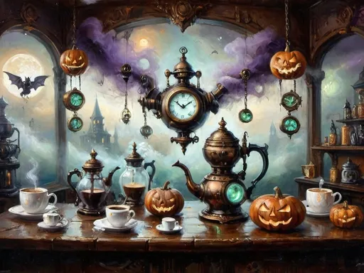 Prompt: ethereal steampunkesque coffee bistro in the clouds with angels and celestials, dreamlike atmosphere with mechanical steampunk elements, antique bronze, copper gradients, silver and gold accents. The space is heavenly and dreamlike, filled with Halloween elements like jack-o’-lanterns, phantoms, eerie Victorian attire, and a gothic twist. There are shadowy ruins and misty landscapes under stark chiaroscuro lighting, with eerie mists glowing in shades of brown, purple, and green. Celestial beings in fun macabre Victorian attire with ornate brass coffee makers and carafes add to the scene's whimsical yet haunting atmosphere.