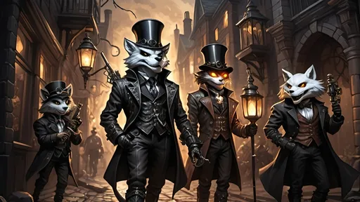 Prompt: Amid cobblestone,
Gas lamps flicker bright, bright light
Metallic dragon.
Top hats, goggles gleam,
Elaborate dance of dreams,
Costumes on the street.
A staff’s fiery glow,
Adventure in steampunk air,
Brick buildings whisper.
Gothic shadows loom,
Mystery in armor's eyes,
Beasts stand ready there.
Crossbow and fur coat,
Fox with torch and rifle near,
Skull helm leads the pack.
Wolf with skulls in hand,
Lion mask's courageous stand,
Gothic vault's dim light