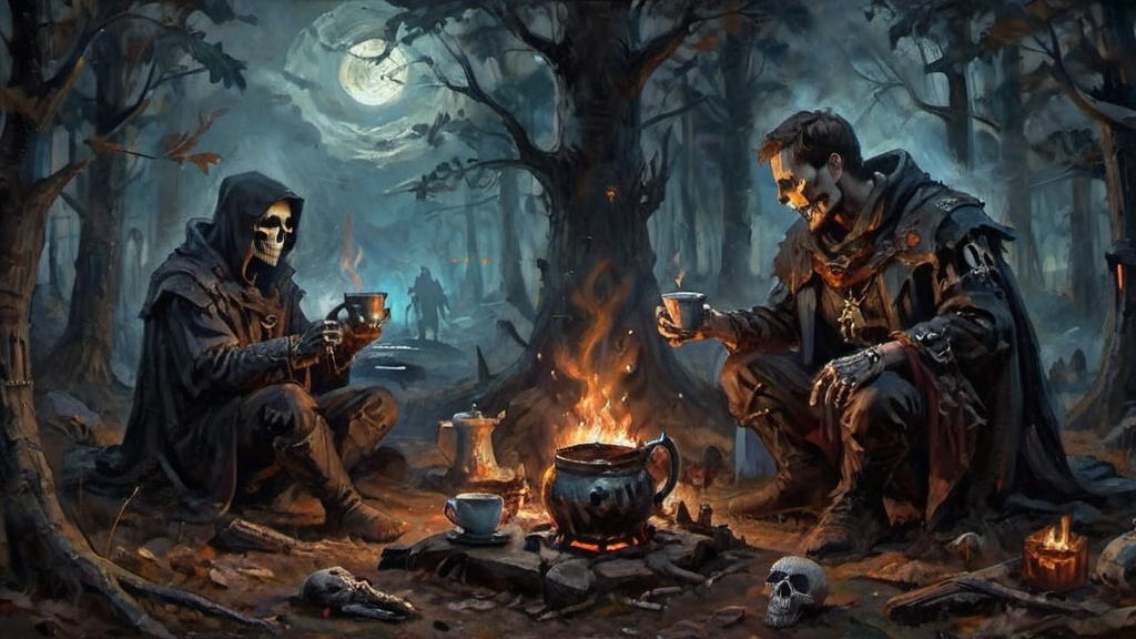 Prompt: A dramatic and tense moment in a dark, foggy forest, where a hunter and a necromancer sit near a flickering campfire. The scene captures the instant when the hunter, clad in dark, weathered armor, hands a steaming cup of coffee to the necromancer. The hunter’s breath is visible in the cold night air, and his gloved hand grips the cup with precision. The necromancer, with a ghoulish countenance and skeletal fingers, reaches out from their patchwork robes adorned with bones and arcane symbols to accept the cup. The campfire casts a spectral glow over the scene, highlighting the detailed steampunk apparatuses and gear scattered around the campsite. Trompe l’oeil techniques are used to create depth and realism, with shadows and light playing intricately across the figures and surroundings, giving the entire scene a three-dimensional, lifelike quality.