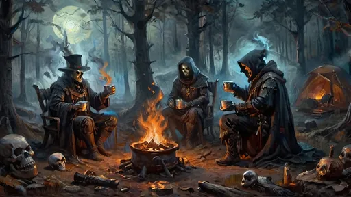 Prompt: A dramatic and tense moment in a dark, foggy forest, where a hunter and a necromancer sit near a flickering campfire. The scene captures the instant when the hunter, clad in dark, weathered armor, hands a steaming cup of coffee to the necromancer. The hunter’s breath is visible in the cold night air, and his gloved hand grips the cup with precision. The necromancer, with a ghoulish countenance and skeletal fingers, reaches out from their patchwork robes adorned with bones and arcane symbols to accept the cup. The campfire casts a spectral glow over the scene, highlighting the detailed steampunk apparatuses and gear scattered around the campsite. Trompe l’oeil techniques are used to create depth and realism, with shadows and light playing intricately across the figures and surroundings, giving the entire scene a three-dimensional, lifelike quality.