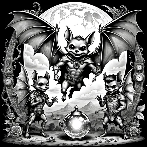 Prompt: Within arcane realms,  
Anthropomorphic bat-bodied figures glide,  
Unfurled wings sweeping through twilight skies.  
In the heart of the commune, amidst steampunk wonders,  
Three skeletal bat boys embark on a daring adventure.
Clutching a crystal ball with bat hands
Its vivid world encapsulated within,  
A steampunk elder reflects,  
Embracing the ethereal with knowing eyes.  
Trompe L'oeil’s whispered spell,  
Warlock's alchemy, and ancient intrigues guide them. Prehensile devil fleshy arrowhead shaped tail tips
Luciferin hues dance in the air,  
Psychedelic flames casting an otherworldly glow,  
Smoke weaving mystical tales of yore.  
The boys, undeterred, stop and have full steampunk coffee service, milk art coffee break,  move forward,  
Their high-top sneakers, a blend of leather and copper,  
Pounding the rugged terrain with determined strides.
Amidst the expansive panorama,  
Nature's flame essence glows,  
Revealing the fantasy world unfolding.  
Each step brings new perils,  
Each flutter of their wings a brush with fate.
High above, the stars bear silent witness,  
To their bravery and camaraderie,  
In the face of overwhelming odds.  
Bound by duty and a brotherhood unspoken,  
They carve their path through the heart of the commune,  
Their journey just beginning in this steampunked twilight.
With enhanced fingers tracing ancient maps,  
Expressive eyes searching for the next clue,  
They press forward into the unknown,  
Their bond a beacon in a world fraught with danger.  
Through the shimmering veil of smoke and flame,  
The adventure of three bat boys,  
Against all odds,  
Continues into the night.