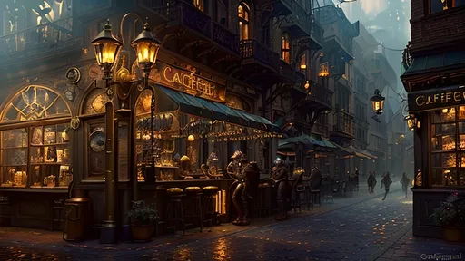 Prompt: A steampunk fantasy market square at dawn, filled with the warm glow of gaslight from antique lanterns casting soft light on cobblestone streets and shopfronts. The air is thick with mist and steam, creating an ethereal atmosphere. In the center stands 'Drag’n Mondays,' a coffee bistro adorned with ornate bronze and copper gears and pipes. Inside, antique carafes glisten in the early light. Felix, wearing a leather vest and brass-tinted Doc Martens, adjusts his brass goggles, glowing softly in the gaslight. Above, a translucent blue and copper spectral dragon hovers gracefully, breathing glowing mist as it serves coffee. Bioluminescent luciferin flowers dot the square, their soft glow mixing with pastel mists and warm hues. The scene is bathed in chiaroscuro lighting, creating dreamy depth and a magical, harmonious blend of fantasy and steampunk.