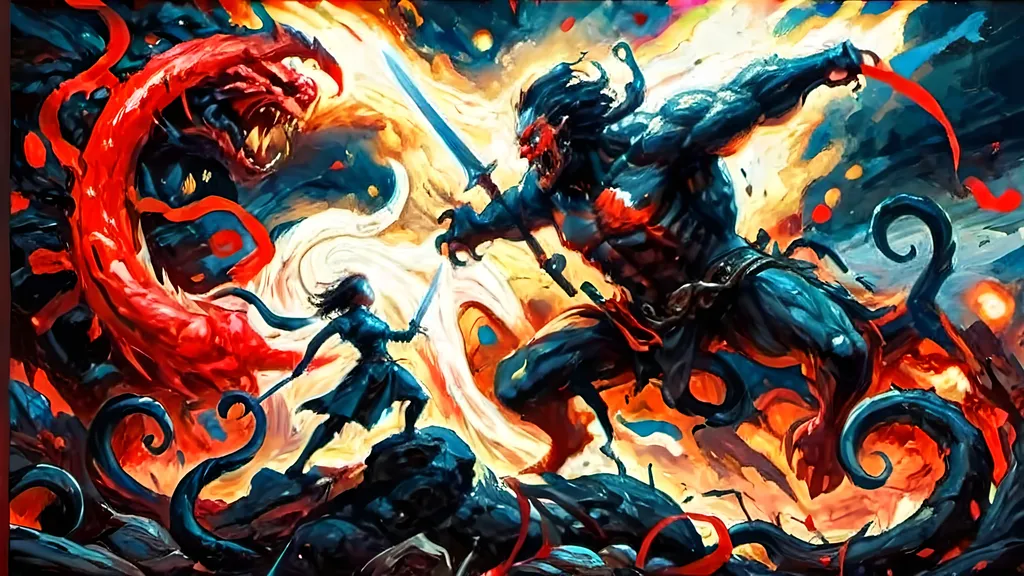 Prompt: A dynamic graphic novel-style scene of a hero battling a colossal monster, using a red, black, and white color palette. The hero is leaping through the air, about to strike the monster. The hero is rendered in stark black with red highlights on their sword and eyes, with white highlights for muscle definition and motion. The colossal monster is menacing, depicted in black with glowing red eyes and wounds, set against a white background. Motion lines in white emphasize the hero's movement, with bold lines and dramatic shadows enhancing the intensity of the battle. High contrast between the colors creates a striking, action-packed image in a bold and vivid style.