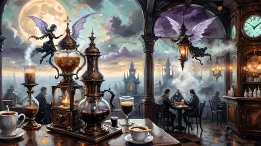 Prompt: An ethereal steampunk coffee bistro in the clouds at twilight, with angels and celestial figures serving coffee. Patrons bustling.  The bistro is adorned with mechanical steampunk elements like antique bronze and copper gradients, along with silver and gold accents. The atmosphere is dreamlike and heavenly, with Halloween elements such as glowing jack-o’-lanterns, phantoms, and eerie Victorian attire. Gothic spires and shadowy ruins appear in the misty landscape, illuminated by stark chiaroscuro lighting. Eerie mists glow in shades of brown, purple, and green, while ornate brass carafes steam with celestial coffee. Angels with shimmering wings and macabre expressions serve patrons under a sky painted in lavender and soft blues. The flooring is made of glowing clouds, and the bistro furniture is airy and translucent, creating a haunting yet serene ambiance.