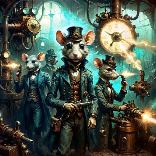 Prompt: In the world of steampunkesque civilization,  
Anthropomorphic kind,  
Mechanized rat gang fights,  
Bloodcurdles in the air,  
Their fine detail shines,  
With unique weapons' glare.  
**Anthropoid Dreamscape**  
Copper sinews writhe,  
Phantoms of destiny,   
Mechanized rats clash.  
**Heroic Enervescence**  
Pistons echo brave,  
Anthropomorphic might,  
Valor's glow abloom.  
**Luminescent Silhouettes**  
Shadows dance aglow,  
Spectral elegance wafts,  
An eerie ballet.  
**Synergistic Fusion**  
Silver and gold dance,  
Ethereal opulence,  
In a world's embrace.  
**Temporal Ephemerality**  
Careful hues unfold,  
Dreamlike focus gleams within,  
In spectral twilight.  
**Action’s Transmutation**  
Muzzle flash sparks fight,  
Techno-gadgets pulse and light,  
Vivid scenes ignite.  
**Delicate Vicissitude**  
Machinery's details,  
Negative space softly breathes,  
In mystic allure.  
**Ephemeral Resonance**  
Breath of old and new,  
Pneumatic whispers rise,  
In sepia's hue.  