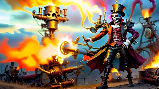 Prompt: Illustrate a steampunk and gothic scene at dawn background luciferin immolation with an Italian 14th century steampunkesque ghoul jester prince in a battlefield, engaging in elegant combat, featuring multicolor luciferin for illustrative purposes, depicting the residual magic which begets blunderbuss’ power and muzzle flash, and the reason face paint exaggerates emotions