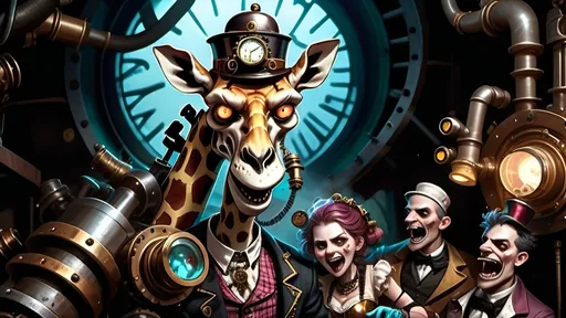 Prompt: In the vivid narrative of "### Image Rendering Text Extrapolation," a thrilling adventure unfolds amidst a unique blend of steampunk aesthetics and primal conflict.
The tale introduces us to two distinct characters: giraffe, characterized by a striking disk-shaped cranial structure five knobbed protuberances and a fusion of Victorian attire with steampunk embellishments; and the panthera Multicolor Species, donning steam-powered headgear and vibrant bioluminescent hues, armed with electrified Luciferin shock clubs. These characters come to life in a world teeming with steam-powered machinery, airships, and Victorian architecture adorned with gears and chimneys.
The story kicks off with a gripping inciting incident as the village of ithe boy giraffe comes under siege by the aggressive panthera multicolor luciferin species, driven by a desperate quest for energy resources. The ensuing journey is filled with tension as our protagonist navigates through ominous alleyways and bustling markets, overcoming challenges that test both wit and strength. From sabotaging enemy machinery to engaging in strategic combat, the narrative builds towards an epic climax—an intense showdown between the anthropomorphic boy giraffe and the formidable anthropomorphic Panthera leader.
As the story arc reaches its zenith, the protagonist's courage and resourcefulness shine through, leading to a resolution where cunning triumphs over brute force. By outsmarting their adversaries, giraffe secures victory, safeguarding their people and reclaiming the valuable energy resources. This tale is a testament to resilience, ingenuity, and the indomitable spirit of those willing to face the unknown and emerge victorious against all odds.
