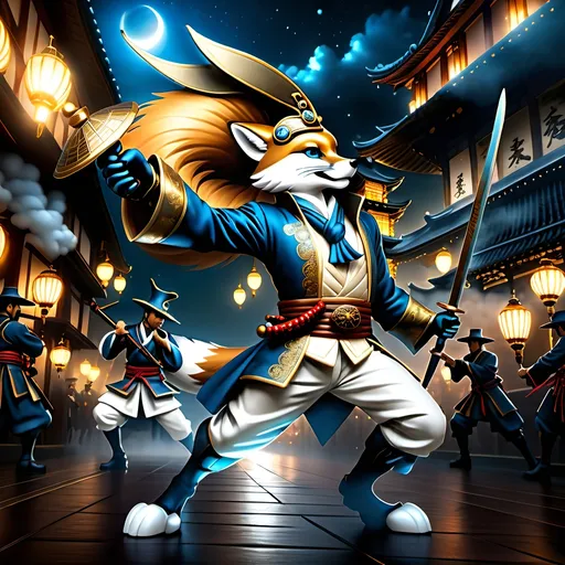 Prompt: Upon a Thomas Kinkade-style Edo period landscape:

Create an artistic composition of the “Loyal Warrior Consort” featuring acrobatic prowess with a celestial and timeless quality. The character is an early Holocene Vulpes qiuzhudingi (Blue fox) anthropomorphic warrior, showcasing martial arts skill and battle marks. Use acrylic trompe l’oeil artwork technique for dynamic action, elegance, and emotional depth. Integrate multicolor luciferin gradients to depict “Lucifurinescent glints” and “radiance ablaze,” adding otherworldly light. Blend traditional Edo period accoutrements and in-depth landscape elements with Steampunk aesthetics to symbolize “unsolved enigmas” and “alien musings.” Employ shadow layering to create depth and contrast, enhancing the mysterious atmosphere. Limit the character to two arms and two legs. Include inscriptions from a poem, such as “Radiance ablaze” and “Their tale whispers through ages,” on the character’s armor or weaponry. Set the scene against a celestial backdrop with luminous glints and a sense of transient essence, reflecting the poetic context of a timeless battle scene.