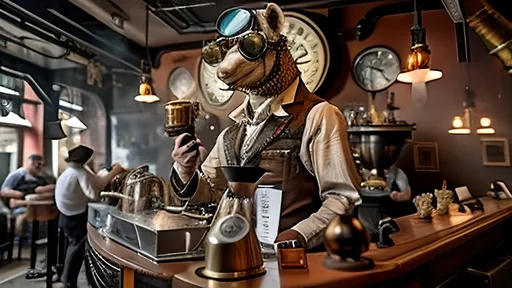 Prompt: A bustling steampunk café named 'The Roaming Hump Café,' featuring anthropomorphic camel baristas dressed in waistcoats and goggles, operating intricate, steam-powered coffee machines. The café has both camel and human patrons engaged in lively conversation. The decor includes brass gears and polished steam pipes, enhancing the warm, welcoming, adventurous, and whimsical atmosphere. The scene captures the baristas' flair in coffee crafting amidst the hum of steam and gears, with a focus on the baristas' coffee-making skills. Cinematic 16:9 view