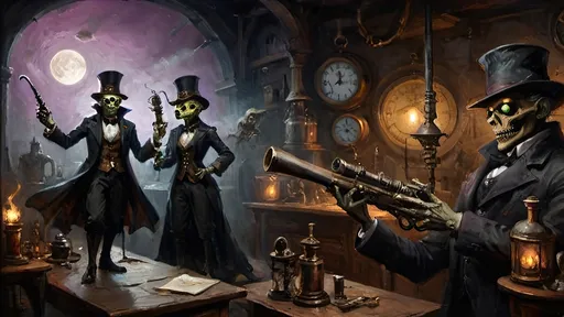 Prompt: shadowy Edwardian workshop filled with ancient, advanced steampunkesque gadgets, cloaked figure with a ghoulish, ghastly visage emerges, holding blunderbuss emits an eerie, ethereal light. Deuteragonists, anthropomorphic zombie aliens dance under a pale moon, their twisted forms laughing grotesque with tension and dread, with multicolor Luciferin patterns pulsing in the shadows. The color palette features deep purples, blacks, and luminescent hues, evoking a sense a tale of boundless strife.