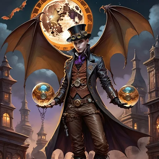 Prompt: Within arcane realms,  
Anthropomorphic bat-bodied figures glide,  
Unfurled wings sweeping through twilight skies.  
In the heart of the commune, amidst steampunk wonders,  
Three bat boys embark on a daring adventure.
Clutching a crystal sphere,  
Its vivid world encapsulated within,  
A steampunk elder reflects,  
Embracing the ethereal with knowing eyes.  
Trompe L'oeil’s whispered spell,  
Warlock's alchemy, and ancient intrigues guide them. Prehensile devil fleshy arrowhead shaped tail tips
Luciferin hues dance in the air,  
Psychedelic flames casting an otherworldly glow,  
Smoke weaving mystical tales of yore.  
The boys, undeterred, stop and have full steampunk coffee service, milk art coffee break,  move forward,  
Their high-top sneakers, a blend of leather and copper,  
Pounding the rugged terrain with determined strides.
Amidst the expansive panorama,  
Nature's flame essence glows,  
Revealing the fantasy world unfolding.  
Each step brings new perils,  
Each flutter of their wings a brush with fate.
High above, the stars bear silent witness,  
To their bravery and camaraderie,  
In the face of overwhelming odds.  
Bound by duty and a brotherhood unspoken,  
They carve their path through the heart of the commune,  
Their journey just beginning in this steampunked twilight.
With enhanced fingers tracing ancient maps,  
Expressive eyes searching for the next clue,  
They press forward into the unknown,  
Their bond a beacon in a world fraught with danger.  
Through the shimmering veil of smoke and flame,  
The adventure of three bat boys,  
Against all odds,  
Continues into the night.