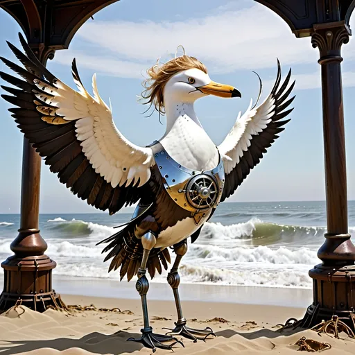 Prompt: Anthropomorphic 
Steampunkesque technology
Muscle bound seabird
---

Under morning sun,  
Seabird graces storied sands—  
Resplendent in form.

---

Elongated legs,  
Supple reeds in zephyrs’ dance—  
Sea's vast embrace calls.

---

Mischief in his eyes,  
Beachgoers’ toil unnoticed—  
Avian voyager.

---

Plumage tousled light,  
Saline breezes bring solace—  
Waves chant his essence.

---

Choreographed grace,  
Wings unfurled in ocean's song—  
Maestro of the shore.

---

Day's vibrant tableau,  
Delights of beachside revels—  
Laughter and salt tang.

---

Fellowship in skies,  
Airborne kin cavort above—  
Cerulean bond.

---

Muscle Beach's arena,  
For robust and brawny strength—  
Whimsical proscenium.

---

Stilts' realm of splendor,  
Statuesque limbs embrace waves—  
Effervescent spirit.
