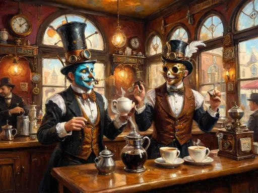 Prompt: A steampunk-themed scene titled 'Dance of the Coffee Jesters' set in a quaint vintage coffee shop at dawn, with steampunk decor. Italian Anthropomorphic Paper Mache jesters and fools perform, wearing elaborate costumes adorned with feathers, bells, and glowing luciferin eyes for an ethereal effect. They twirl and dance with ornate steampunk carafes, gracefully pouring coffee with precision, featuring acrobatic moves and mid-air carafe passes. The carafes and cups have intricate Victorian patterns, brass fittings, and moving cogs. The atmosphere is lit by brass fixtures, steam pipes, and stained-glass windows casting warm ambient light. The jesters engage in playful banter and comedic scenes, balancing foolishness with elegant service, turning the act of serving coffee into an artful dance.