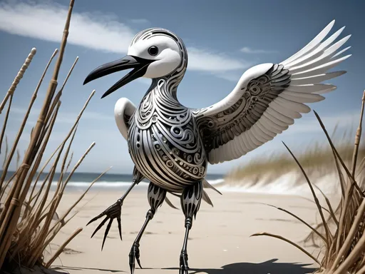 Prompt: Anthropomorphic 
Steampunkesque technology
Muscle bound seabird
---

Under morning sun,  
Seabird graces storied sands—  
Resplendent in form.

---

Elongated legs,  
Supple reeds in zephyrs’ dance—  
Sea's vast embrace calls.

---

Mischief in his eyes,  
Beachgoers’ toil unnoticed—  
Avian voyager.

---

Plumage tousled light,  
Saline breezes bring solace—  
Waves chant his essence.

---

Choreographed grace,  
Wings unfurled in ocean's song—  
Maestro of the shore.

---

Day's vibrant tableau,  
Delights of beachside revels—  
Laughter and salt tang.

---

Fellowship in skies,  
Airborne kin cavort above—  
Cerulean bond.

---

Muscle Beach's arena,  
For robust and brawny strength—  
Whimsical proscenium.

---

Stilts' realm of splendor,  
Statuesque limbs embrace waves—  
Effervescent spirit.
