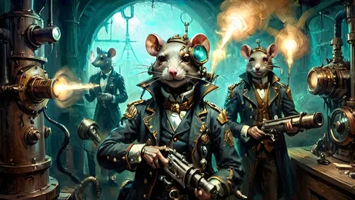 Prompt: In the world of steampunkesque civilization,  
Anthropomorphic kind,  
Mechanized rat gang fights,  
Bloodcurdles in the air,  
Their fine detail shines,  
With unique weapons' glare.  
**Anthropoid Dreamscape**  
Copper sinews writhe,  
Phantoms of destiny,   
Mechanized rats clash.  
**Heroic Enervescence**  
Pistons echo brave,  
Anthropomorphic might,  
Valor's glow abloom.  
**Luminescent Silhouettes**  
Shadows dance aglow,  
Spectral elegance wafts,  
An eerie ballet.  
**Synergistic Fusion**  
Silver and gold dance,  
Ethereal opulence,  
In a world's embrace.  
**Temporal Ephemerality**  
Careful hues unfold,  
Dreamlike focus gleams within,  
In spectral twilight.  
**Action’s Transmutation**  
Muzzle flash sparks fight,  
Techno-gadgets pulse and light,  
Vivid scenes ignite.  
**Delicate Vicissitude**  
Machinery's details,  
Negative space softly breathes,  
In mystic allure.  
**Ephemeral Resonance**  
Breath of old and new,  
Pneumatic whispers rise,  
In sepia's hue.  