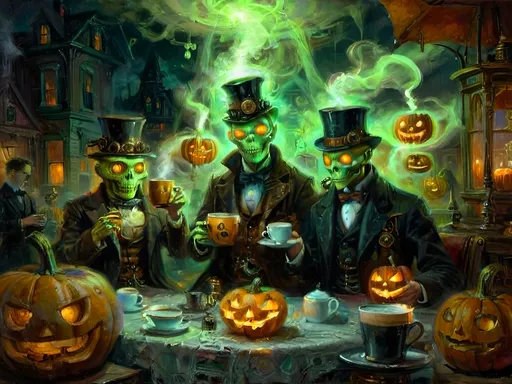 Prompt: A steampunk anthropomorphic alien hosting a midnight coffee party, set under the glowing gaze of hovering jack-o’-lanterns, enveloped in ethereal steam. The scene merges Victorian elegance with mechanical ingenuity, where ghostly guests with spectral visages sip coffee from brass cups. Flickering shadows are cast by distant ruins, and glowing mist curls at the guests' feet. The sound of unseen gears ticking rhythmically fills the air, creating an eerie yet refined atmosphere. The overall scene is a surreal tableau, blending tradition with futuristic artistry, where every element tells a story, from the steampunk decorations to the glowing jack-o’-lanterns, combining Halloween and steampunk aesthetics in a dreamlike setting.