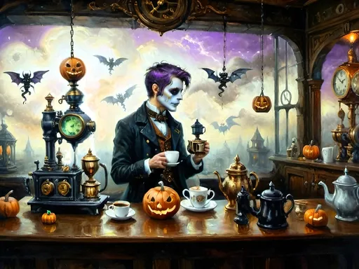 Prompt: ethereal steampunkesque coffee bistro in the clouds with angels and celestials, dreamlike atmosphere with mechanical steampunk elements, antique bronze, copper gradients, silver and gold accents. The space is heavenly and dreamlike, filled with Halloween elements like jack-o’-lanterns, phantoms, eerie Victorian attire, and a gothic twist. There are shadowy ruins and misty landscapes under stark chiaroscuro lighting, with eerie mists glowing in shades of brown, purple, and green. Celestial beings in fun macabre Victorian attire with ornate brass coffee makers and carafes add to the scene's whimsical yet haunting atmosphere.