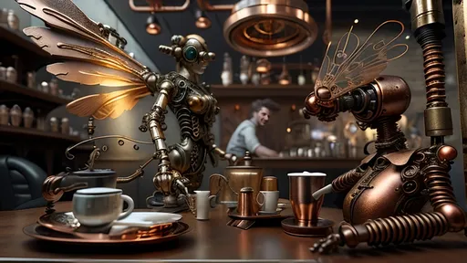 Prompt: A bio-mechanical close-up view focusing on the glowing wings of a brass and copper bio-Sprite Waiter serving coffee at The Winged Bean. The scene highlights mechanical textures, intricate gears, and tubes on the Sprite Waiter. A detailed coffee cup is visible in the foreground as it's being served to a mechanical patron, who is designed with gears and copper components. The warm dawn light illuminates the scene, while the misty, whimsical steampunk bistro atmosphere adds to the charm. The combination of organic and mechanical elements creates a magical steampunk setting.