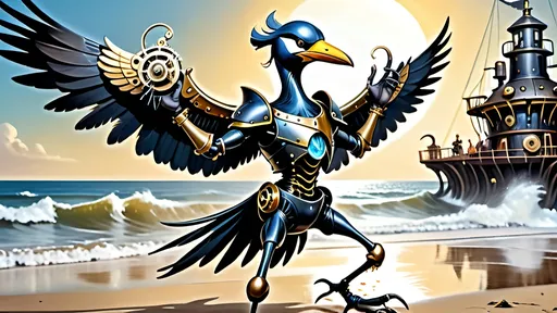 Prompt: Anthropomorphic 
Steampunkesque technology
Muscle bound seabird
---

Under morning sun,  
Seabird graces storied sands—  
Resplendent in form.

---

Elongated legs,  
Supple reeds in zephyrs’ dance—  
Sea's vast embrace calls.

---

Mischief in his eyes,  
Beachgoers’ toil unnoticed—  
Avian voyager.

---

Plumage tousled light,  
Saline breezes bring solace—  
Waves chant his essence.

---

Choreographed grace,  
Wings unfurled in ocean's song—  
Maestro of the shore.

---

Day's vibrant tableau,  
Delights of beachside revels—  
Laughter and salt tang.

---

Fellowship in skies,  
Airborne kin cavort above—  
Cerulean bond.

---

Muscle Beach's arena,  
For robust and brawny strength—  
Whimsical proscenium.

---

Stilts' realm of splendor,  
Statuesque limbs embrace waves—  
Effervescent spirit.
