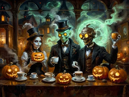 Prompt: A steampunk anthropomorphic alien hosting a midnight coffee party, set under the glowing gaze of hovering jack-o’-lanterns, enveloped in ethereal steam. The scene merges Victorian elegance with mechanical ingenuity, where ghostly guests with spectral visages sip coffee from brass cups. Flickering shadows are cast by distant ruins, and glowing mist curls at the guests' feet. The sound of unseen gears ticking rhythmically fills the air, creating an eerie yet refined atmosphere. The overall scene is a surreal tableau, blending tradition with futuristic artistry, where every element tells a story, from the steampunk decorations to the glowing jack-o’-lanterns, combining Halloween and steampunk aesthetics in a dreamlike setting.