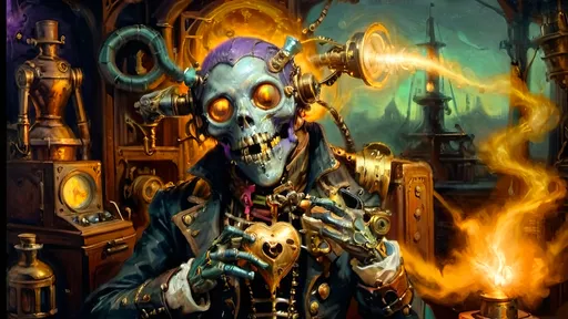 Prompt: Anthropomorphic
Ghoul technologically
Steampunkesque, sentient
Evil oozing black-purple
luciferin colors
Blunderbuss muzzle flashes
eschatological 
Auroral dawn breaks
Technologic sprite ascends
Brass, leather, whirring
Copper bones aglow
Automaton's resplendence
Reflecting dawn’s light
Lucent mist enshrouds
Mechanical heart pulses
Beast in ether breathes
Pastel dragon stirs
Ethereal mist ripples
Serene, spectral dance
Silvery craft glides
Twilight beast and verdigris
Shadows cast by dawn