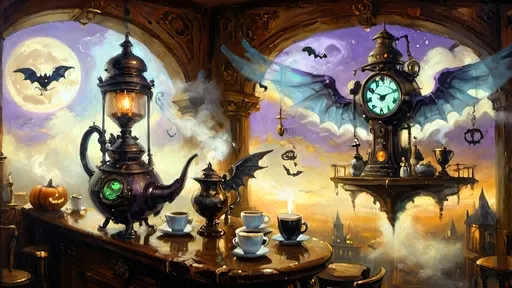 Prompt: An ethereal steampunk coffee bistro in the clouds at twilight, with angels and celestial figures serving coffee. The bistro is adorned with mechanical steampunk elements like antique bronze and copper gradients, along with silver and gold accents. The atmosphere is dreamlike and heavenly, with Halloween elements such as glowing jack-o’-lanterns, phantoms, and eerie Victorian attire. Gothic spires and shadowy ruins appear in the misty landscape, illuminated by stark chiaroscuro lighting. Eerie mists glow in shades of brown, purple, and green, while ornate brass carafes steam with celestial coffee. Angels with shimmering wings and macabre expressions serve patrons under a sky painted in lavender and soft blues. The flooring is made of glowing clouds, and the bistro furniture is airy and translucent, creating a haunting yet serene ambiance.