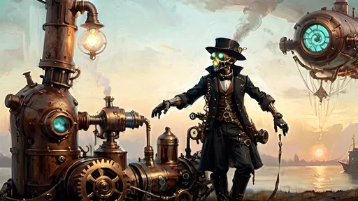 Prompt: An ethereal, steampunk-inspired scene set in the tender light of dawn, featuring a combination of elements from an extended haiku. The image includes an anthropomorphic, technological zombie with a steampunk aesthetic, surrounded by blunderbuss muzzle flashes and deep shadows. Nearby, an effulgent automaton with copper bones gleams softly in the morning light, alongside an ethereal beast with a whispering mechanical heart. Leather and gears intertwine in skeletal designs, embraced by a lucent mist. Shadows dance around a mystic airship with silvery accents, while a dragon bathed in pastel hues hovers in the tender dawn. The scene also includes a mechanized sea beast aloft with twilight metal gleaming, airships trembling in the sky, and a luminous monster steeped in steampunk reverie. Verdigris and gold reflect the early light, with mist glowing subtly with magic, creating a serene, dreamlike atmosphere.