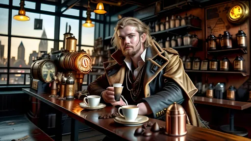 Prompt: A disheveled thunder god with glowing golden eyes, wearing a rumpled white and gold outfit, sitting in a steampunk coffee shop. He holds a steampunk-style coffee cup, with messy hair, and the scene is bathed in golden hour lighting. The background features a New York twilight skyline visible through large windows, with copper pipes, vintage machinery, and Edison bulbs as part of the steampunk decor. A mystical, tired-looking hammer rests beside him. There are a few patrons in subtle steampunk attire, completing the warm, relaxed atmosphere.