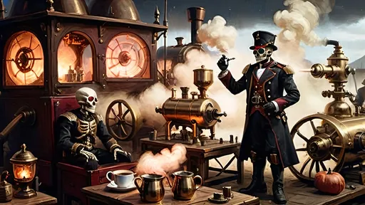 Prompt: A dynamic steampunk-themed battle camp scene at dawn. In the foreground, an Italian ghoul prince stands in mid-action, adorned in black armor with red highlights. His eyes glow vividly red, radiating power as he wields a rapier and a blunderbuss, ready for battle. Opposite him is a menacing automaton guard with stark black armor and glowing red goggles, accented with white highlights. The background features a velvety black night sky, merging with the reddish dawn light that casts an eerie glow over the camp. Brass chimneys and rotating gears surround tents, with steam rising to add a dreamlike atmosphere. In the vicinity, a military coffee barista operates a steam-powered coffee machine, adding layers of activity and steampunk detail. Skeleton soldiers with mechanical enhancements are scattered around, with carved pumpkins emitting a warm, orange glow. The overall scene uses chiaroscuro lighting to dramatize the steam and industrial elements, creating a visually striking and immersive tableau.