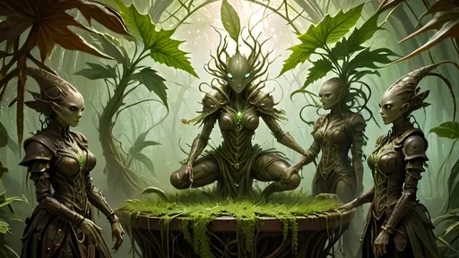 Prompt: Awakening to a world of grass and fog, this anthropomorphic marvel found itself a being of intricate design, its form fashioned from a mosaic of verdant foliage. Each leaf, a distinct contour sculpted by nature's hand, now melded seamlessly into a living, breathing tapestry of existence.

As consciousness unfurled like the delicate fronds of a fern, the anthropomorphic leaf creature's very veins pulsed with the lifeblood of intricate leaf veins, an organic network etched upon its frame - a convergence of the botanical and the mechanical. Its eyes, twin orbs of luminous intent, searched the room with an inquisitive gleam, conveying a depth of emotion that belied its leafy visage.

Donned in steampunk attire fashioned from woven textured foliage, the creature's appearance was a blend of rustic charm and whimsical elegance. The supple leather-like fabric of its leaf clothing whispered softly with each movement, granting it a tactile semblance of the sturdy yet comforting embrace of leather, exposed skin as dried leaves.

Thus, in this wondrous amalgamation of flora and function, the steampunkesque creature stood -eye contact and interaction a relaxed posture, a marvel of artistry and ingenuity, a testament to the boundless creativity that flourished in the realm where the natural world and the fantastical collide.
