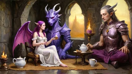 Prompt: Awakened by dawn,
With grace, Elven Princess
Welcomes the new light.
Fuchsia Dragon's gaze,
Sparkling in morning's glow,
Casts warmth on cold ground.
Espresso tis' brewed,
Steam wafting air with fervor,
Morn's comforting balm.
In intricate halls,
Adorned in ancient design,
Runes and gems pulsate.
Armor radiant,
Reflects first rays of sunrise,
Harmony of light.
Longbow in repose,
Arrows rest from strife of night,
Precision at ease.
Sweet beans, roasted gold,
Cup held by delicate hand,
Serenity reigns.
Dragon’s wings unfurl,
Brushing aside morning’s mist,
Enchanting tableau.
Good visitors come,
Past realms of steel and battle,
Tidings of the morn.
Colossal presence,
Dragon’s fuchsia scales gleam,
Speaks of twilight peace.
Parley they embrace,
Love's unspoken bond in light,
Transcending conflict.
Elegantly served,
Coffee, with a hint of scroll,
Elven art refined.
In harmonious calm,
Chaos of night melts away,
Love and coffee blend.
Serene morning scene,
Princess, dragon, gracious hosts,
Welcoming daybreak.