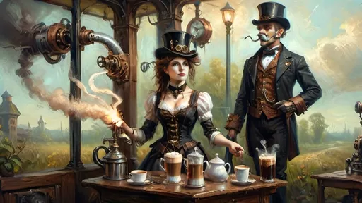 Prompt: In the world of steampunkesque civilization,  
Anthropomorphic kind,  
Mechanized rat gang fights,  
Bloodcurdles in the air,  
Their fine detail shines,  
With unique weapons' glare.  
Tiny paws create
Latte art in morning light—
Whisker brews delight
Morning light ascends,
Coffee’s warmth in hand, I greet
Day’s fresh whisperings.
Cogs turn and steam puffs,
Bronze machine brews liquid gold—
Clockwork carafe gleams.
**Anthropoid Dreamscape**  
Copper sinews writhe,  
Phantoms of destiny,   
Mechanized rats clash.  
**Heroic Enervescence**  
Pistons echo brave,  
Anthropomorphic might,  
Valor's glow abloom.  
**Luminescent Silhouettes**  
Shadows dance aglow,  
Spectral elegance wafts,  
An eerie ballet.  
**Synergistic Fusion**  
Silver and gold dance,  
Ethereal opulence,  
In a world's embrace.  
**Temporal Ephemerality**  
Careful hues unfold,  
Dreamlike focus gleams within,  
In spectral twilight.  
**Action’s Transmutation**  
Muzzle flash sparks fight,  
Techno-gadgets pulse and light,  
Vivid scenes ignite.  
**Delicate Vicissitude**  
Machinery's details,  
Negative space softly breathes,  
In mystic allure.  
**Ephemeral Resonance**  
Breath of old and new,  
Pneumatic whispers rise,  
In sepia's hue.