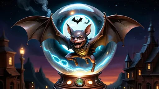 Prompt: Within arcane realms,  
Anthropomorphic bat-bodied figures glide,  
Unfurled wings sweeping through twilight skies.  
In the heart of the commune, amidst steampunk wonders,  
Three bat boys embark on a daring adventure.
Clutching a crystal sphere,  
Its vivid world encapsulated within,  
A steampunk elder reflects,  
Embracing the ethereal with knowing eyes.  
Trompe L'oeil’s whispered spell,  
Warlock's alchemy, and ancient intrigues guide them.
Luciferin hues dance in the air,  
Psychedelic flames casting an otherworldly glow,  
Smoke weaving mystical tales of yore.  
The boys, undeterred, move forward,  
Their high-top sneakers, a blend of leather and copper,  
Pounding the rugged terrain with determined strides.
Amidst the expansive panorama,  
Nature's flame essence glows,  
Revealing the fantasy world unfolding.  
Each step brings new perils,  
Each flutter of their wings a brush with fate.
High above, the stars bear silent witness,  
To their bravery and camaraderie,  
In the face of overwhelming odds.  
Bound by duty and a brotherhood unspoken,  
They carve their path through the heart of the commune,  
Their journey just beginning in this steampunked twilight.
With enhanced fingers tracing ancient maps,  
Expressive eyes searching for the next clue,  
They press forward into the unknown,  
Their bond a beacon in a world fraught with danger.  
Through the shimmering veil of smoke and flame,  
The adventure of three bat boys,  
Against all odds,  
Continues into the night.