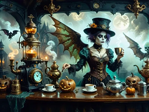 Prompt: ethereal steampunkesque coffee bistro in the clouds with angels and celestials, dreamlike atmosphere with mechanical steampunk elements, antique bronze, copper gradients, silver and gold accents. The space is heavenly and dreamlike, filled with Halloween elements like jack-o’-lanterns, phantoms, eerie Victorian attire, and a gothic twist. There are shadowy ruins and misty landscapes under stark chiaroscuro lighting, with eerie mists glowing in shades of brown, purple, and green. Celestial beings in fun macabre Victorian attire with ornate brass coffee makers and carafes add to the scene's whimsical yet haunting atmosphere.