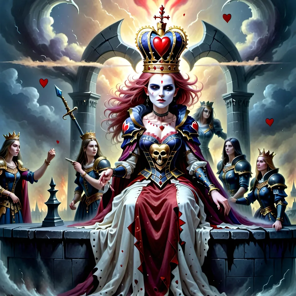 Prompt: In a realm where the cards held court and battles unfolded upon the velvet battlefield, there stood the Queen of Hearts, a regal figure with a turbulent spirit that ignited fervor in her loyal subjects – her men, the mighty soldiers of her crimson domain.
With a gaze that could melt steel and a heart that beat thunder into the very ground they tread, she commanded her troops like a tempest unleashed, each man an embodiment of her unyielding will. As the clash of swords and the thunder of footsteps filled the air, the Queen's call to arms echoed across the lands, stirring her men into a frenzy of unwavering loyalty.
Amidst the chaos of the battlefield, her men rushed forth, their movements a symphony of controlled chaos. With hearts blazing like infernos, they tore through the enemy lines, their actions swift and merciless. Eyes met their merciless blades as they surged forward, a whirlwind of crimson and steel, gouging out the very essence of opposition before them.
And there, at the heart of the tumultuous storm she had summoned, the Queen of Hearts stood, a vision of sovereignty and power, orchestrating the brutal ballet of war with a grace that belied the chaos around her. Her presence was both feared and revered, a beacon of unwavering resolve that fueled her men's frenzy and struck dread into the hearts of her foes.
In that moment, as the clash of arms and the cries of battle filled the air, the Queen of Hearts reigned supreme, a sovereign of unparalleled ferocity and indomitable spirit, leading her men to victory amidst the carnage and chaos of the battlefield.