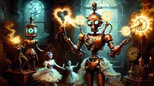 Prompt: Anthropomorphic
Clockwork automaton strides
Copper necropolis

Adorned in vict’ry
Victorian vestments’ grace
Leather and bronze fuse

Pistons whir and hum
Gears in synchronized ballet
Technic heart pulsates

Heroic stance bold
Rifle glistens with bright blaze
Ready for combat

Spectral luminescence
Mists aglow with luciferin
Unseen realms revealed

Ghostly apparitions
Ethereal faces float
Haunted by lost time

Mechanical age
Steampunk vistas come alive
Gossamer threads gleam

Phantasmagoric
Silver, gold accents dazzle
Opulent yet grim

Soft focus descends
Gradients of dreamlike hues
Mystic ambiance

Backlit halo’s glow
Silhouettes of ethereal
Enchantment’s embrace