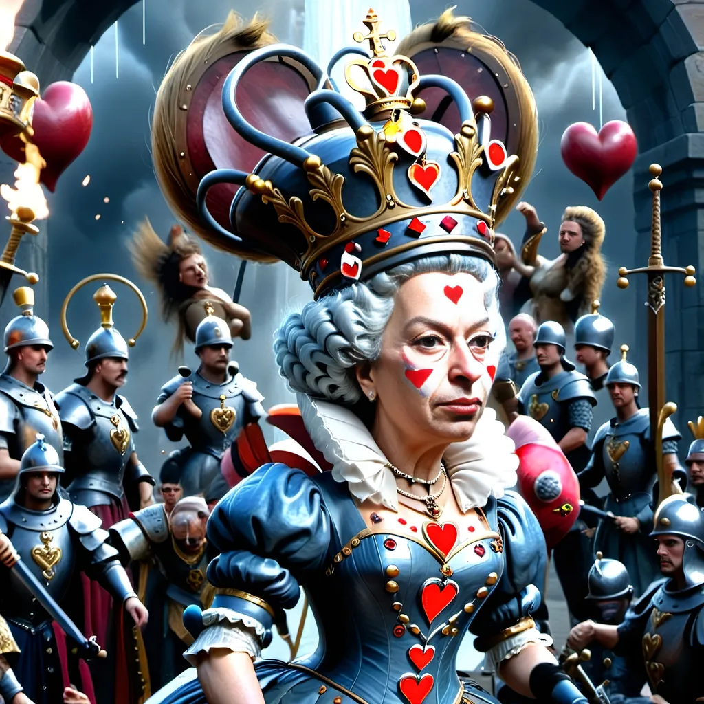 Prompt: In a realm where the cards held court and battles unfolded upon the velvet battlefield, the Queen of Hearts stood as a regal figure with a turbulent spirit. Her presence ignited fervor in her loyal subjects—her men, the mighty soldiers of her crimson domain.
With a gaze that could melt steel and a heart that beat thunder into the very ground they tread, she commanded her troops like a tempest unleashed. Each man embodied her unyielding will. As swords clashed and footsteps thundered, the Queen's call to arms echoed, stirring her men into a frenzy of unwavering loyalty.
Amidst the chaos, her soldiers surged forth, a symphony of controlled chaos. Hearts blazing like infernos, they tore through enemy lines with swift, merciless actions. Eyes met their merciless blades as they advanced, a whirlwind of crimson and steel, gouging the very essence of opposition.
At the storm's heart, the Queen of Hearts stood, a vision of sovereignty and power. She orchestrated the brutal ballet of war with a grace belying the surrounding chaos. Her presence was feared and revered—a beacon of unwavering resolve.
In that moment, with the clash of arms and battle cries filling the air, the Queen of Hearts reigned supreme. She was a sovereign of unparalleled ferocity and indomitable spirit, leading her men to victory amidst the battlefield's carnage and chaos.
