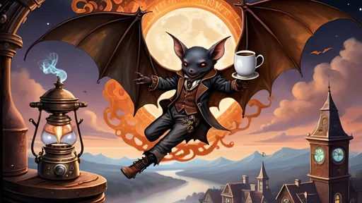 Prompt: Within arcane realms,  
Anthropomorphic bat-bodied figures glide,  
Unfurled wings sweeping through twilight skies.  
In the heart of the commune, amidst steampunk wonders,  
Three bat boys embark on a daring adventure.
Clutching an ornate carafe of coffee,  
And  two mugs
Its vivid world encapsulated within,  
A steampunk elder reflects,  
Embracing the ethereal with knowing eyes.  
Trompe L'oeil’s whispered spell,  
Warlock's alchemy, and ancient intrigues guide them. Prehensile devil fleshy arrowhead shaped tail tips
Luciferin hues dance in the air,  
Psychedelic flames casting an otherworldly glow,  
Smoke weaving mystical tales of yore.  
The boys, undeterred, stop and have full steampunk coffee service, milk art coffee break,  move forward,  
Their high-top sneakers, a blend of leather and copper,  
Pounding the rugged terrain with determined strides.
Amidst the expansive panorama,  
Nature's flame essence glows,  
Revealing the fantasy world unfolding.  
Each step brings new perils,  
Each flutter of their wings a brush with fate.
High above, the stars bear silent witness,  
To their bravery and camaraderie,  
In the face of overwhelming odds.  
Bound by duty and a brotherhood unspoken,  
They carve their path through the heart of the commune,  
Their journey just beginning in this steampunked twilight.
With enhanced fingers tracing ancient maps,  
Expressive eyes searching for the next clue,  
They press forward into the unknown,  
Their bond a beacon in a world fraught with danger.  
Through the shimmering veil of smoke and flame,  
The adventure of three bat boys,  
Against all odds,  
Continues into the night.